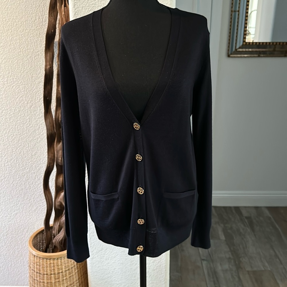 Tory Burch Classic Navy Merino Wool Cardigan